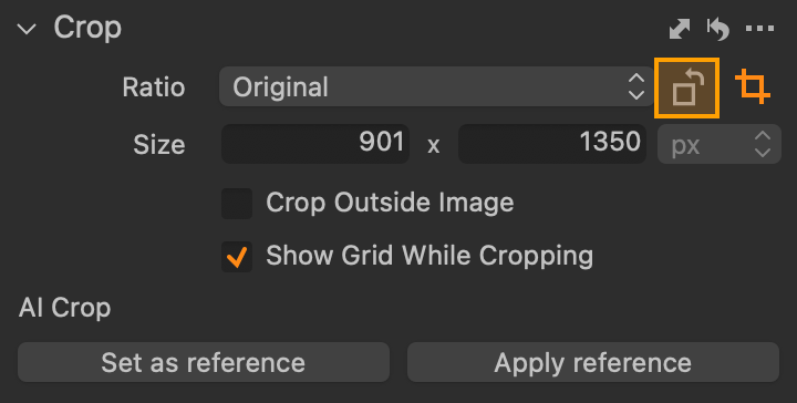 Button to change the orientation of the crop in the Crop tool