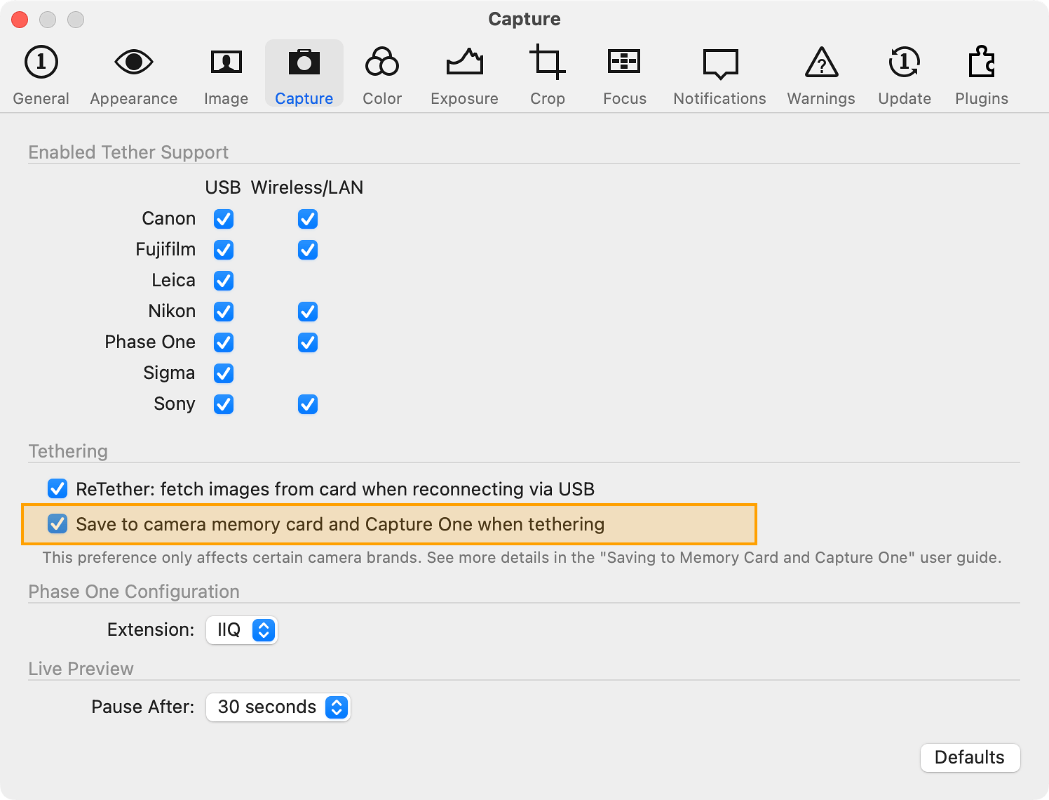 Configuring how photos are saved when shooting tethered in Capture One preferences