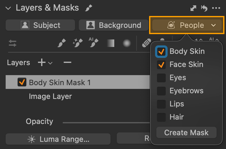 Selecting different parts people portraits in Layers & Masks