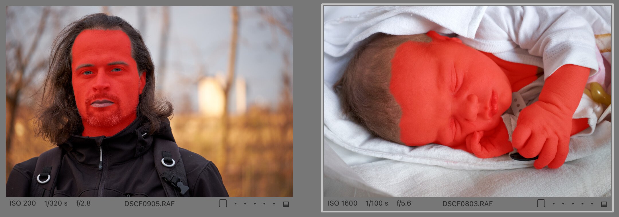 A layer from my self-portrait copied onto a completely different image - as you can see, the mask combining the face and body skin was recreated in the target baby photo. The only criticism might be that the algorithm didn't recognize the lips to skip them, but that usually works.