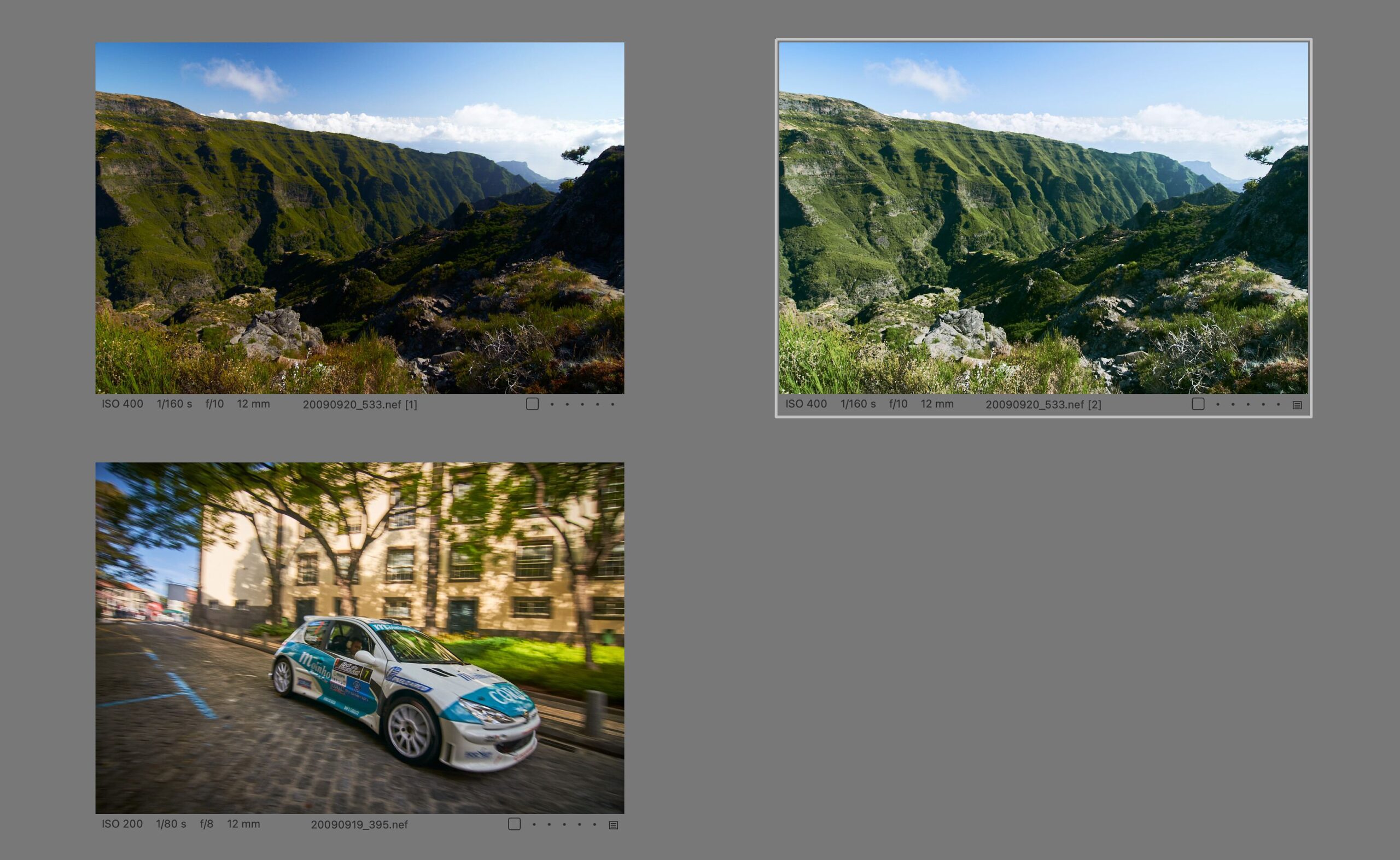 Madeira. The two photos are intentionally quite different in content, but they were both taken during the same visit to Madeira, and I think it is a legitimate request that they fit together visually when presented together. In addition, the two are also linked by the color tones (in the canyon in the form of vegetation, in the urban photo complemented by the facade of the house). In principle, I expected that it would mainly adjust the contrast of the target photo and otherwise keep a relatively similar feel with slight adjustments. Unfortunately, the result is completely wrong — the canyon photo is shifted to a cold color, the yellows are completely gone, and the only thing that somehow matches is the hue of the sky.